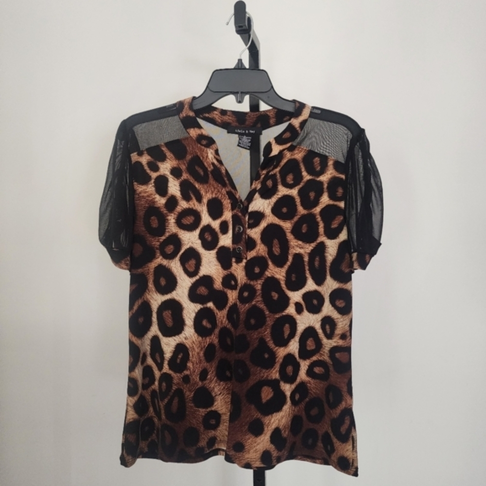 Adele & May, Large Leopard Print Sheer Sleeve Top, EUC